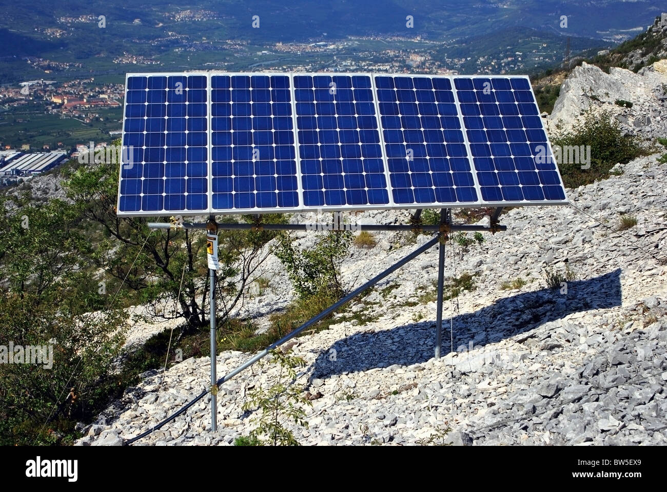 solar panel for electricity production in the high mountains Stock Photo