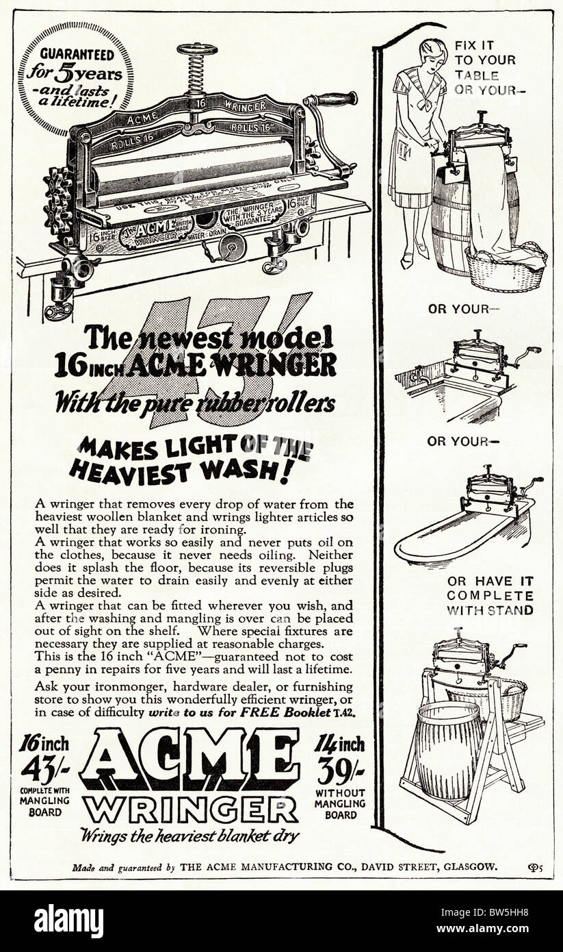 Advertisement for the Acme clothes wringer in English magazine dated 1928 Stock Photo