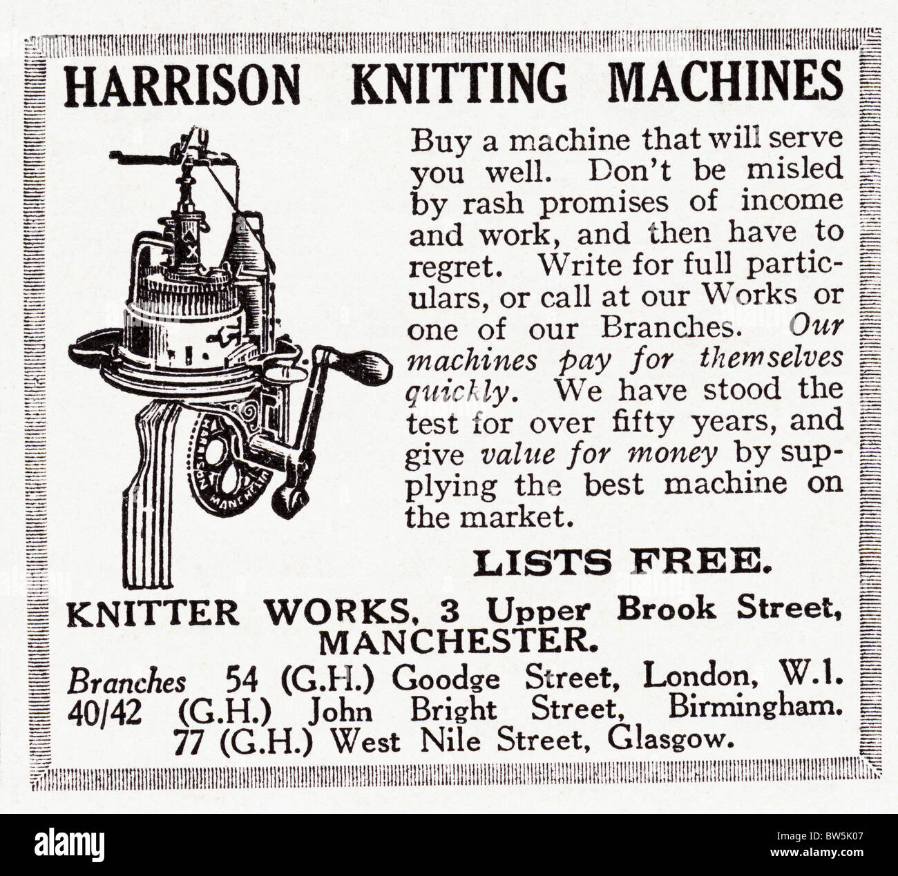 Advertisement for Harrison knitting machines in magazine dated 1928 Stock Photo