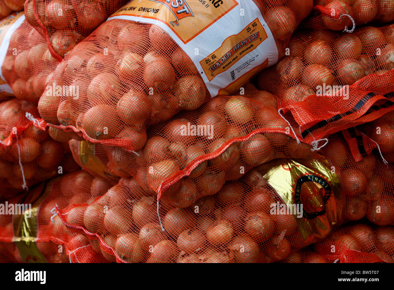 Sacks filled with Golden Harvest English onions, Brighton, East Sussex, UK. Stock Photo