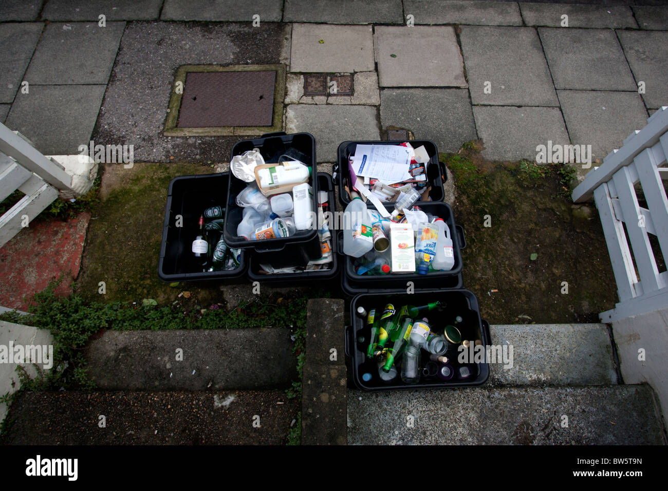 Recycling in the street ready for collection, Brighton, East Sussex, UK