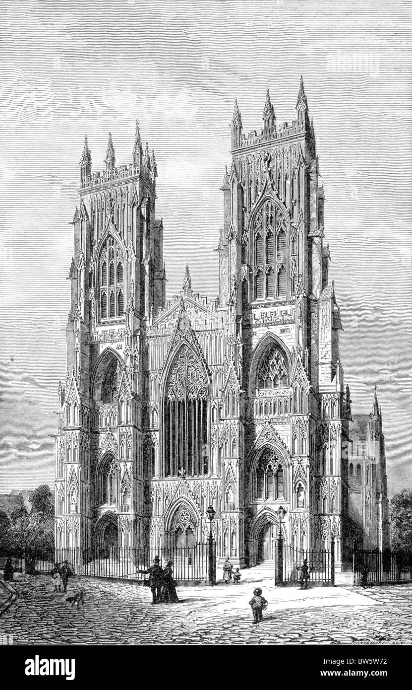 West front of York Minster as it appeared in the 19th century; Black and White Illustration; Stock Photo