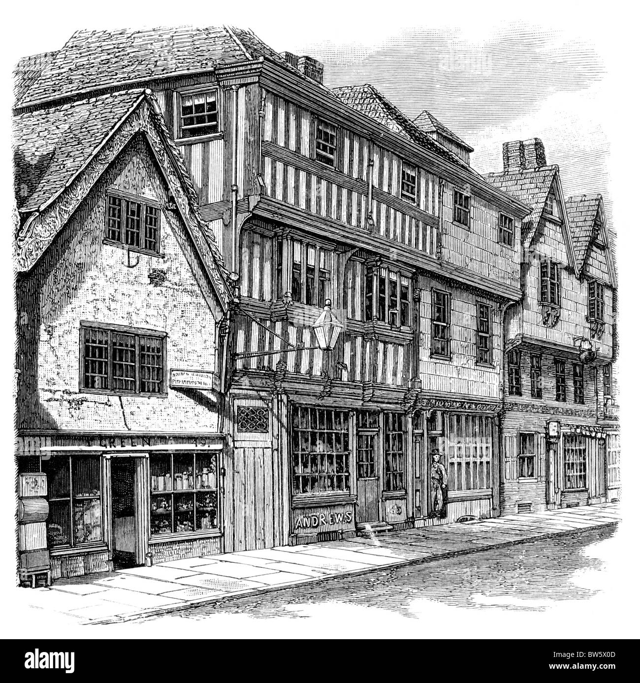 The house on Westgate Street, Gloucester where Bishop John Hooper was imprisoned in 1554; Black and White Illustration; Stock Photo