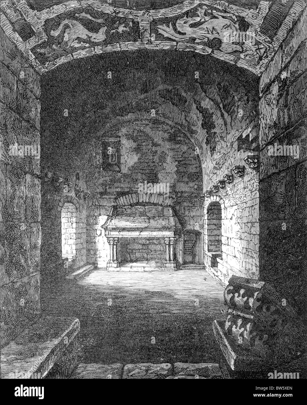 Room in the Keep of Craigmillar Castle, residence of Mary Stuart, Queen of Scots; Black and White Illustration; Stock Photo