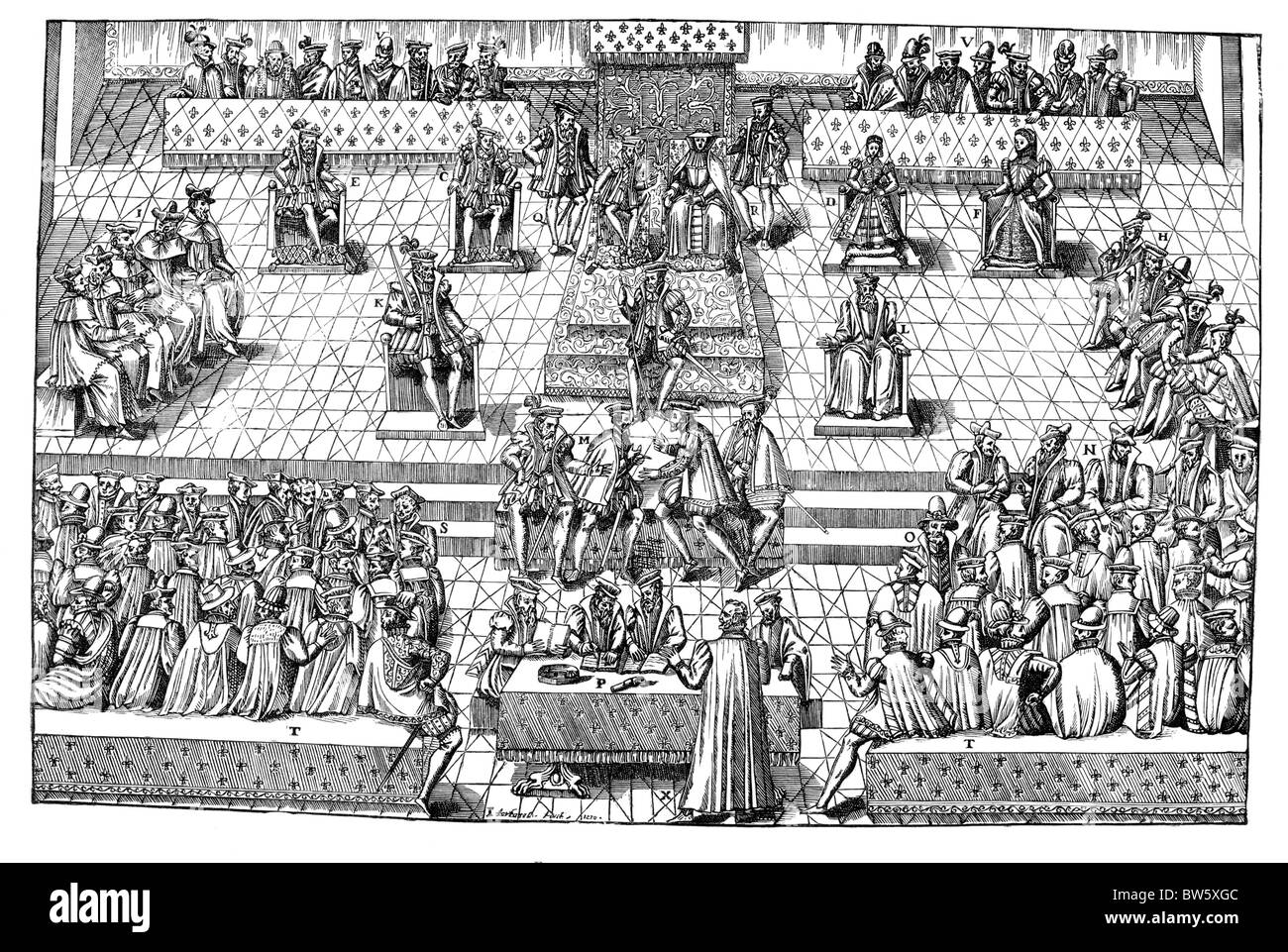 The States General held in Orleans, France in 1561; Black and White Illustration; Stock Photo