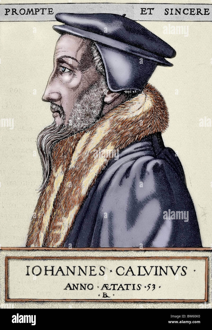 John Calvin (1509–1564). French theologian and pastor during the Protestant Reformation. Engraving. Colored. Stock Photo