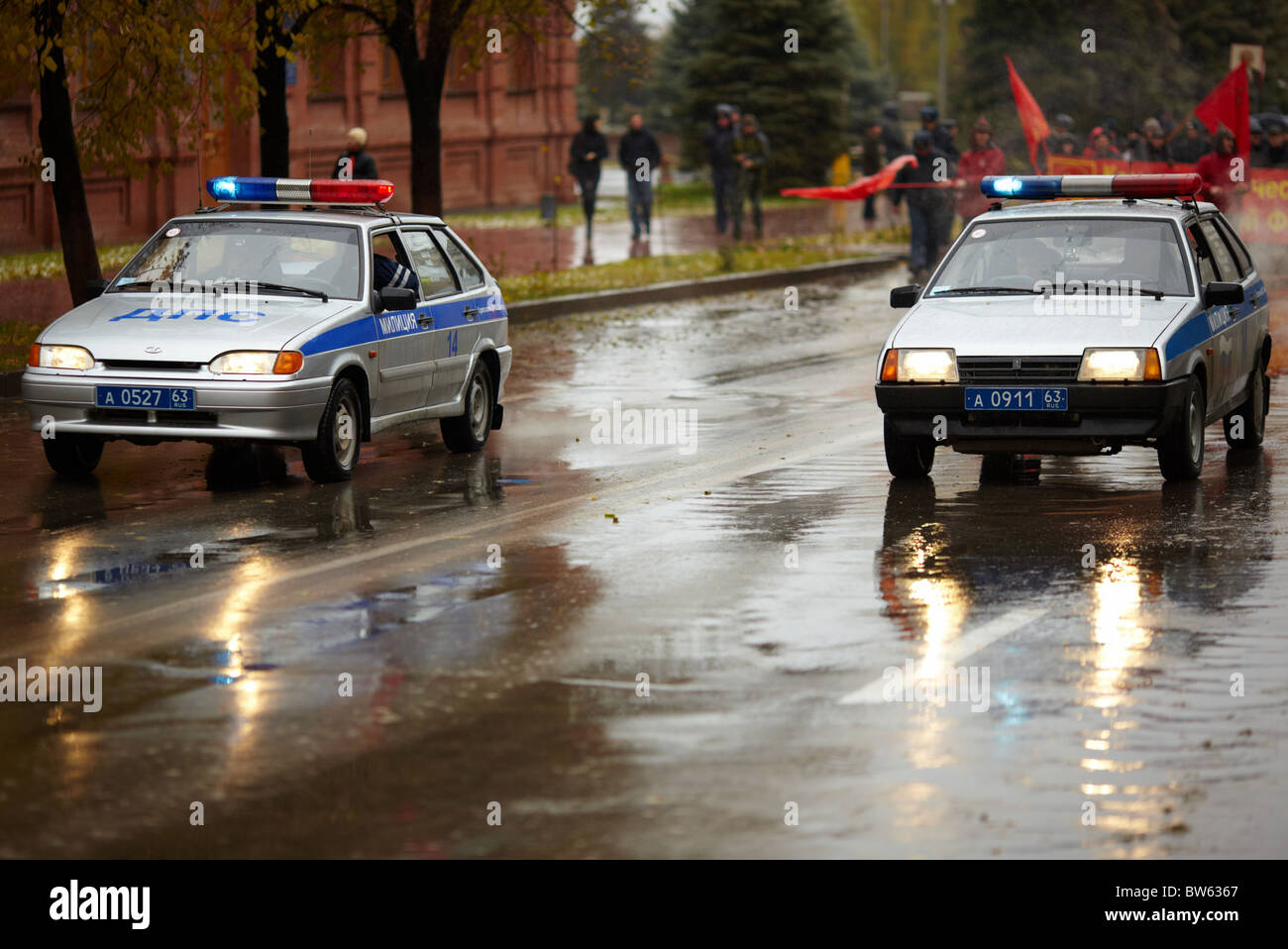 7 november 2010, two cars of Russian traffic police on on communist demonstration in Samara,Russia Stock Photo