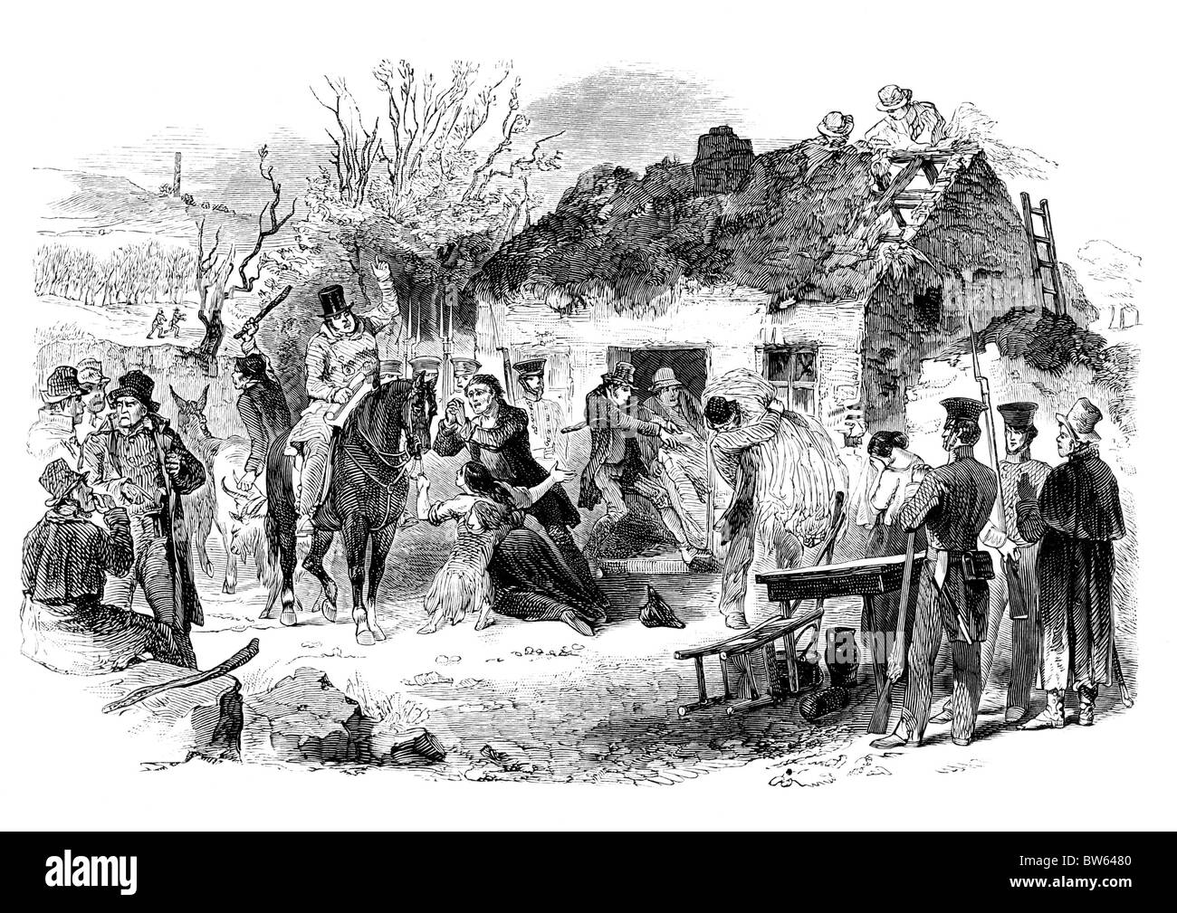 The Eviction of Irish Peasant Tenants by Landlord circa 1848 during the Irish Potato Famine; Black and White Illustration; Stock Photo
