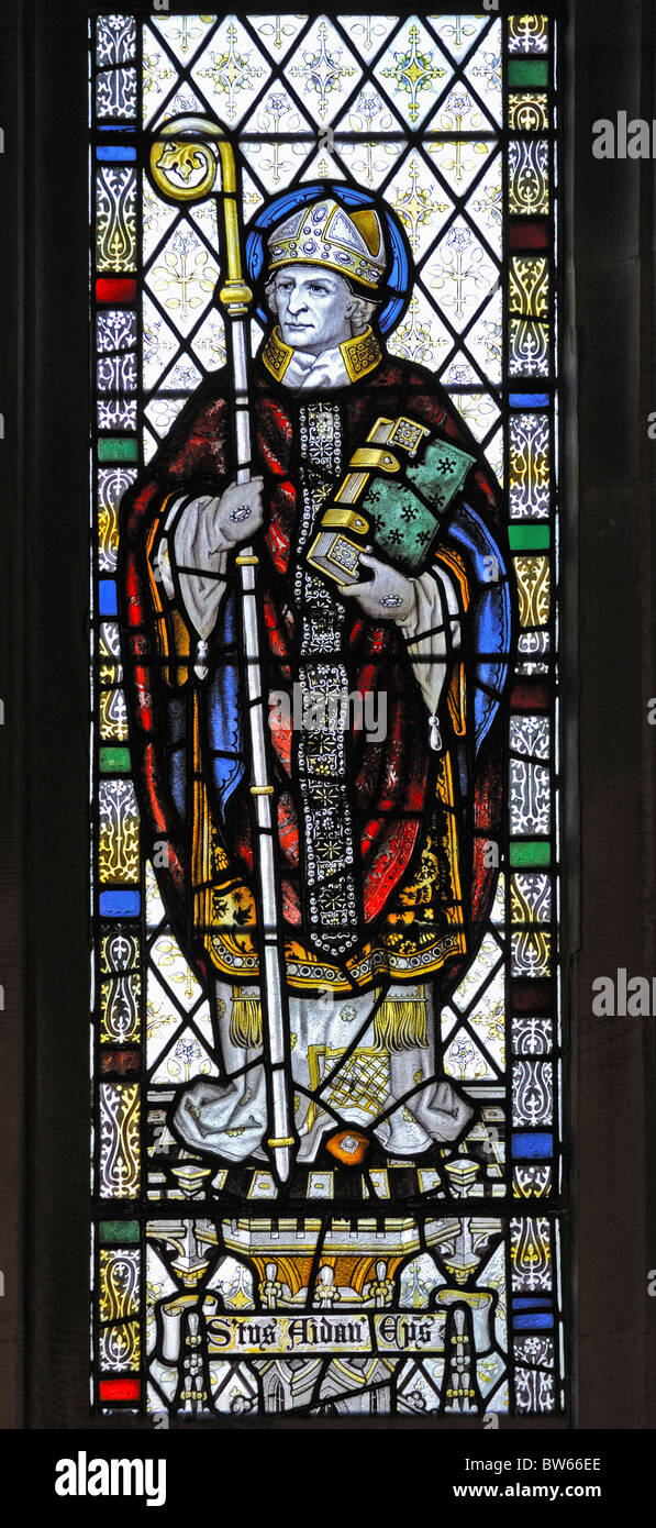Saint Aidan of Lindisfarne, detail of Nave North aisle window. Church of Saint Michael. Lamplugh, Cumbria, England, U.K. Stock Photo
