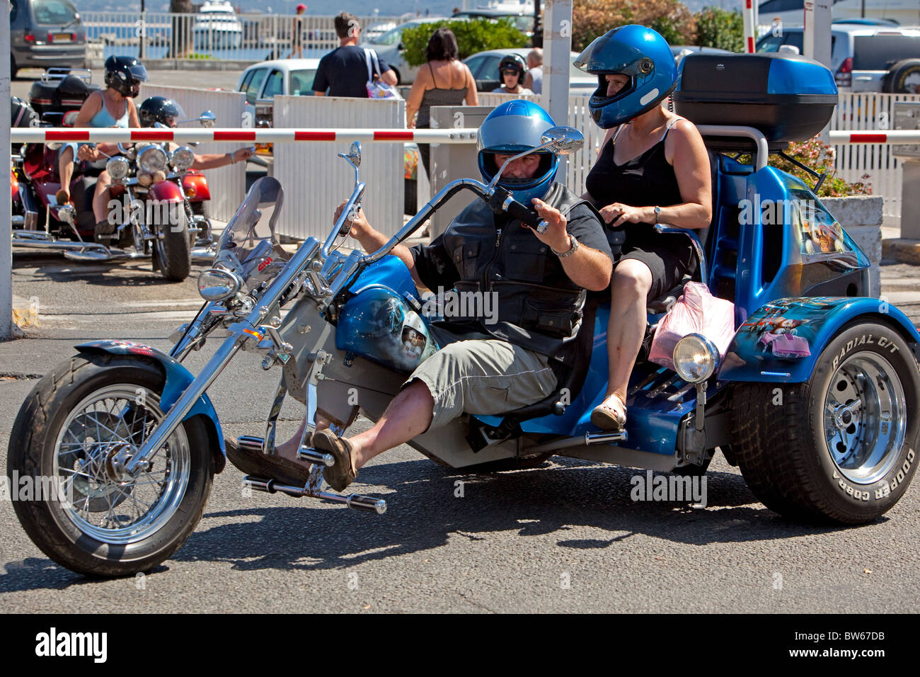 motorbike trike leaving car park Ajaccio,Corsica Stock Photo