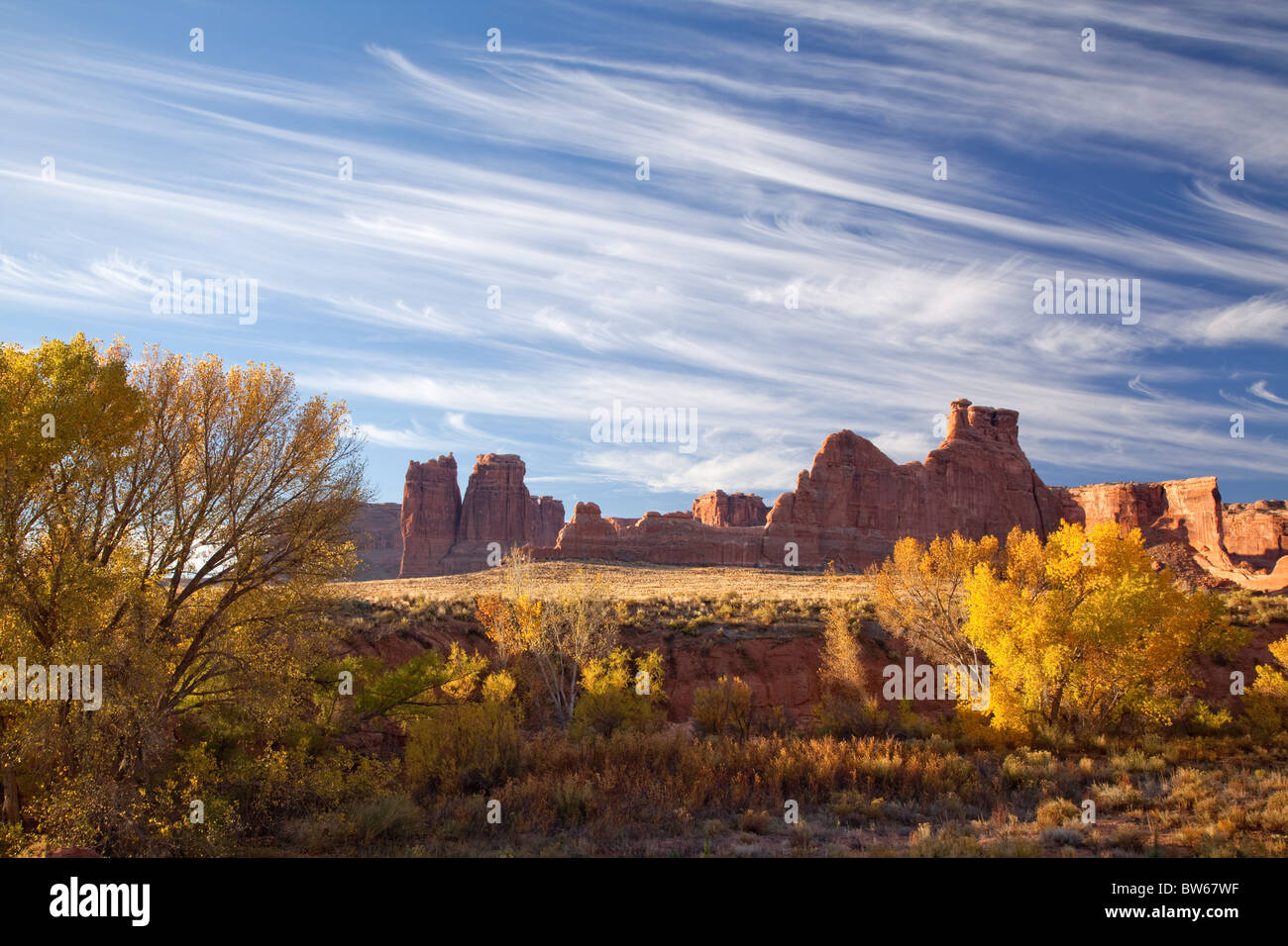 Courthouse Wash and Courthouse Towers, Arches National Park, Utah Stock Photo