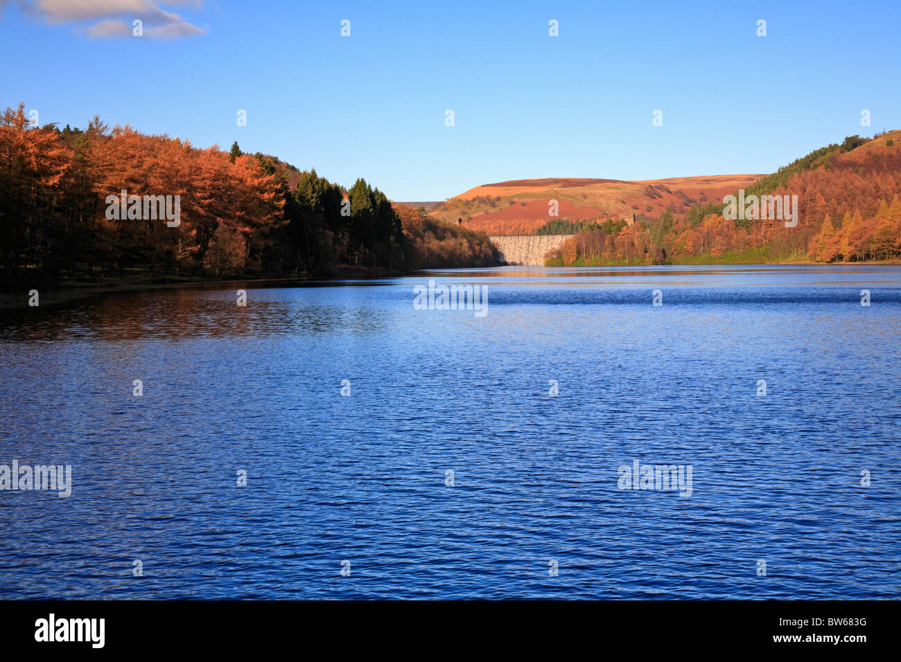 Autumn at Howden Dam, Derwent Reservoir, Upper Derwent Valley, Peak District National Park, Derbyshire, England, UK. Stock Photo