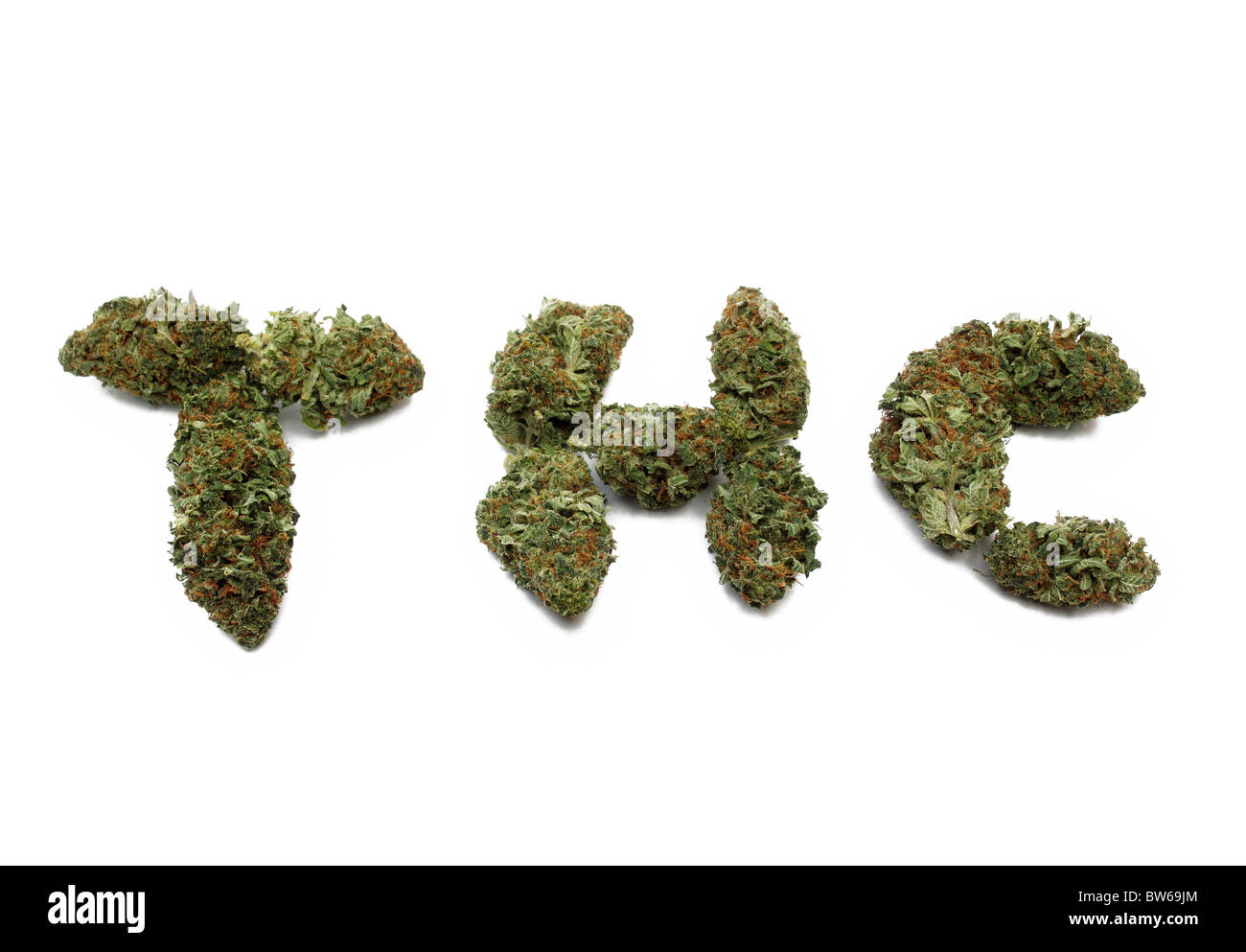 Marijuana ( cannabis ) bud arranged to spell THC Stock Photo