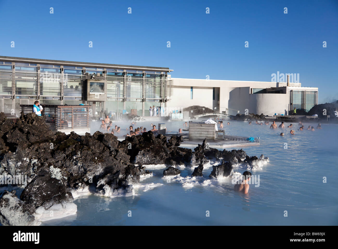 People bathing in The Blue Lagoon geothermal spa, Iceland. Stock Photo