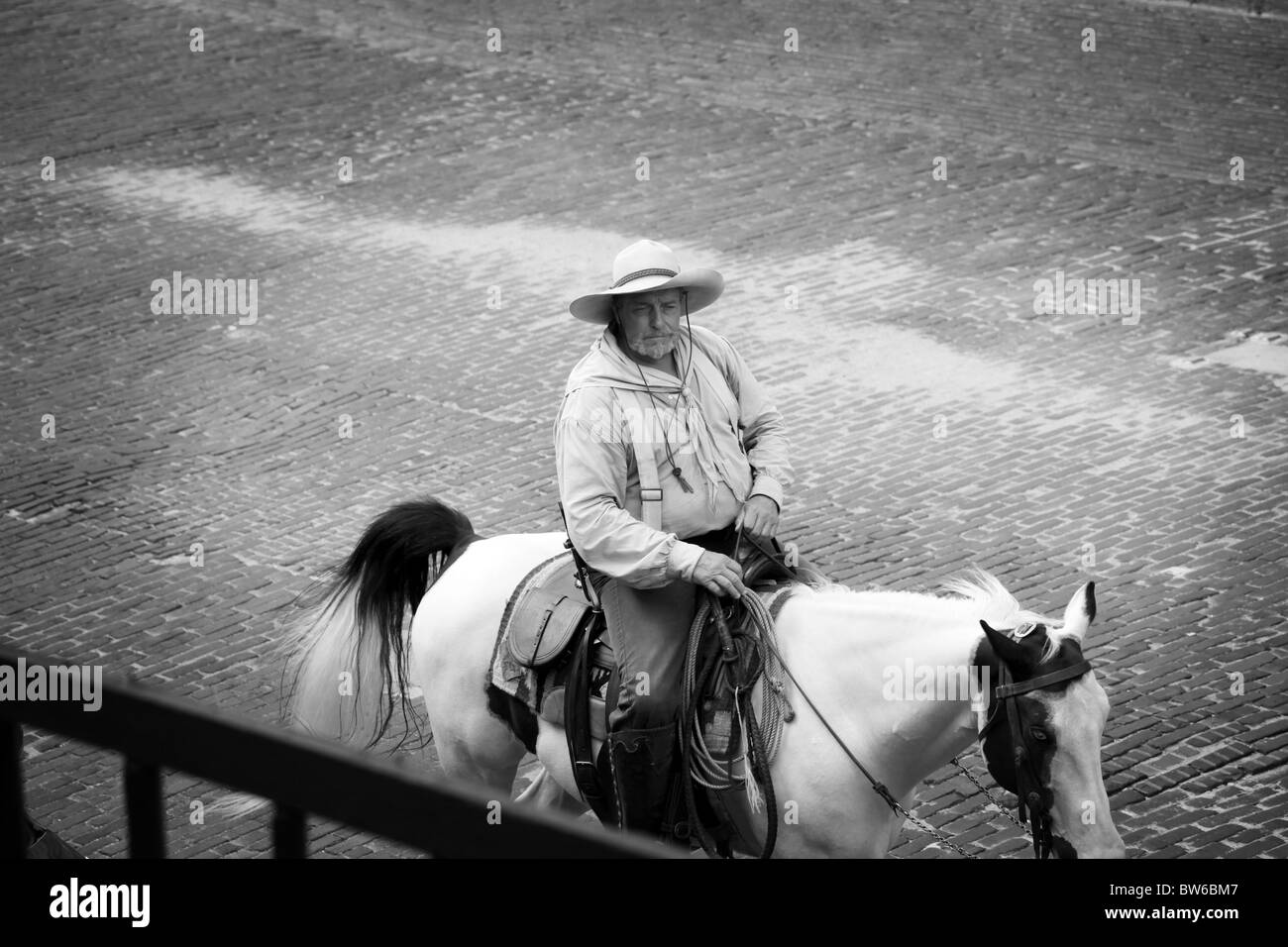 Cowboy riding through the Stock Yards at Fort Worth, Texas Stock Photo