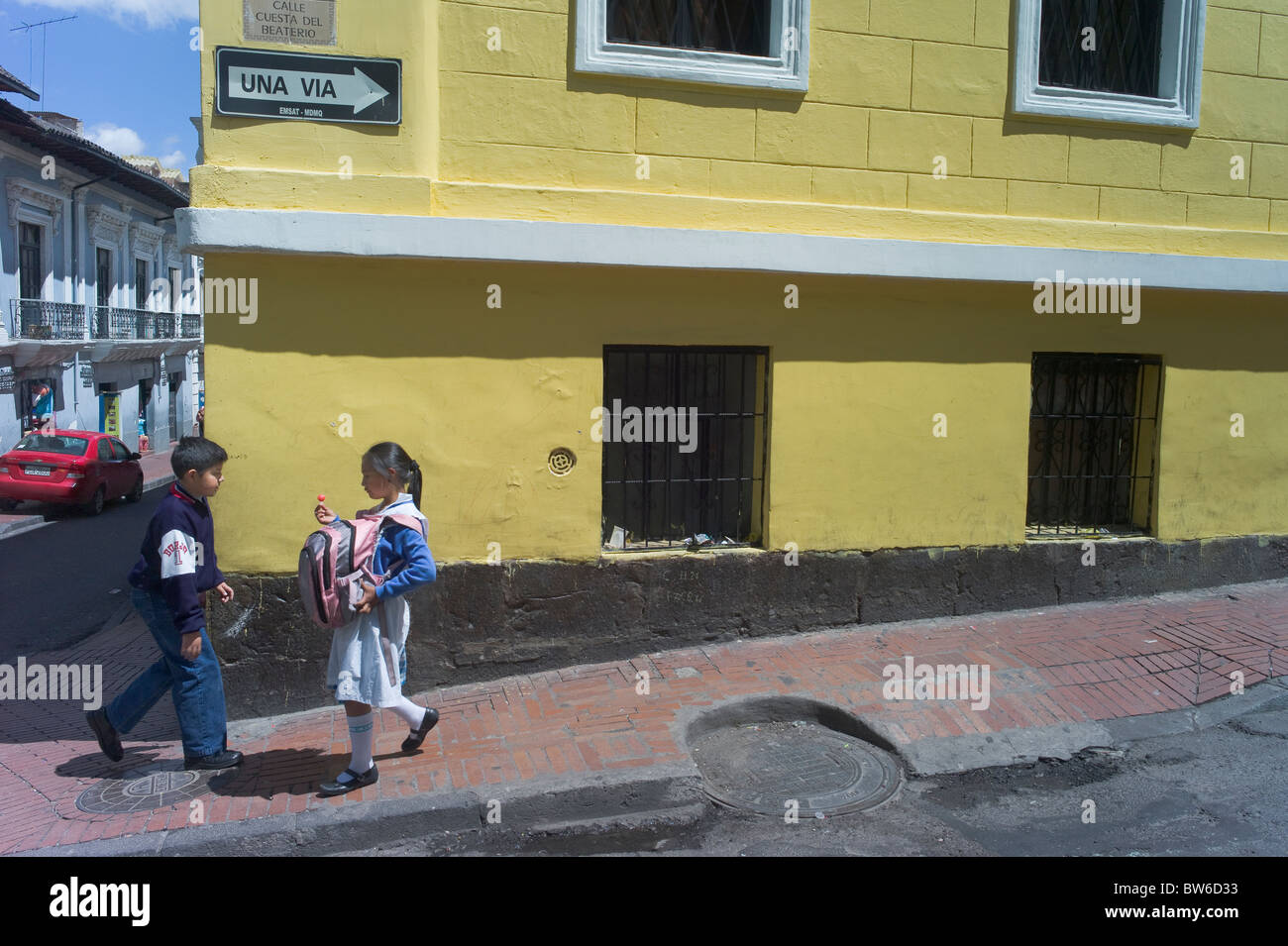 School kids going home at noon for lunch, Centro Historico, Quito, Ecuador Stock Photo