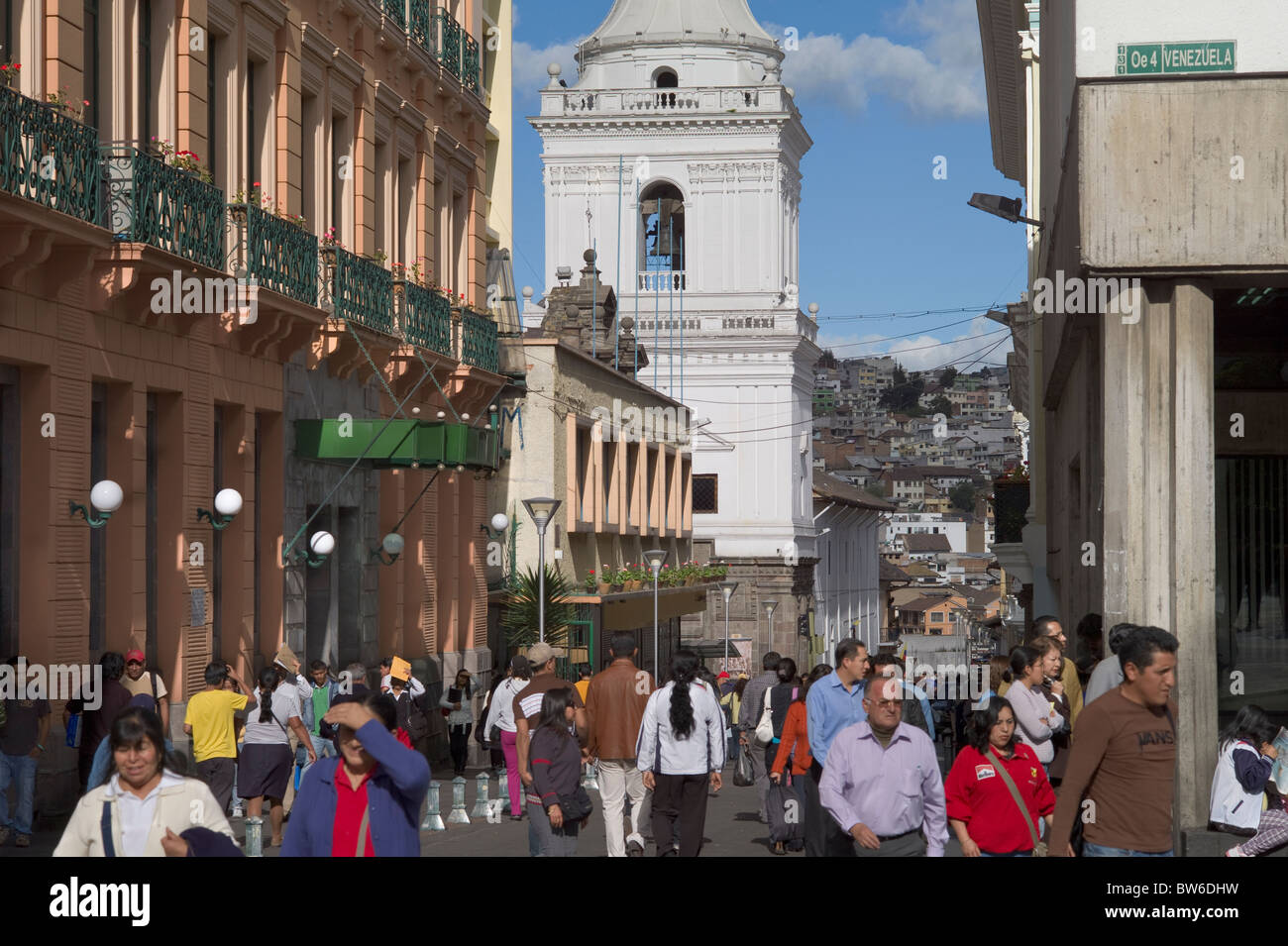 People walking on street, colonial architecture, Quito, Ecuador Stock Photo