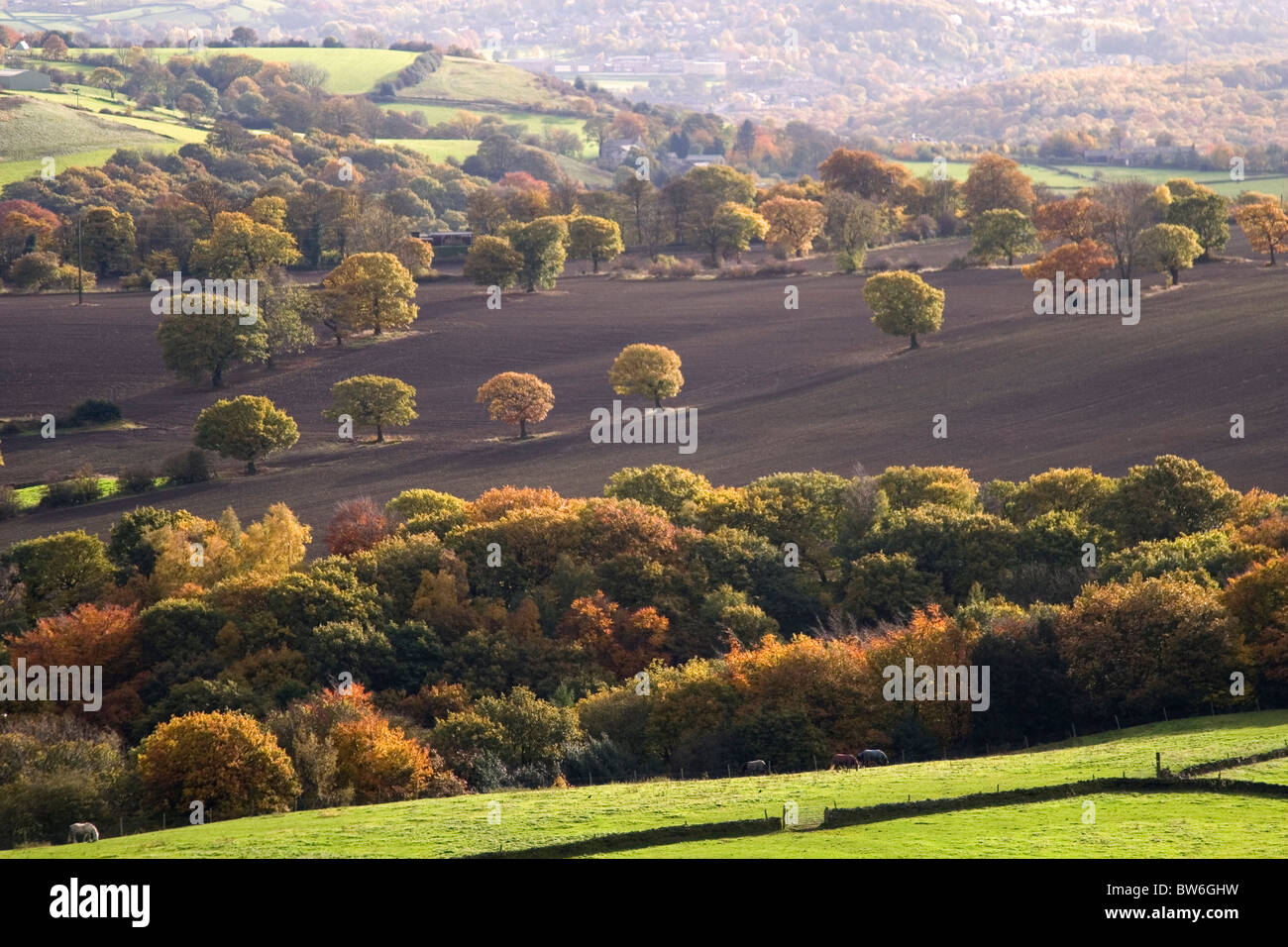 Scenic Autumn view across West Yorkshire Countryside from Castle Hill at Almondbury, Huddersfield, West Yorkshire, U.K Stock Photo