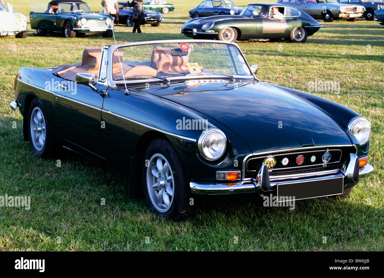 One of the most popular British sports cars, of the 1970's the famous MGB Roadster chrome bumper model. Stock Photo