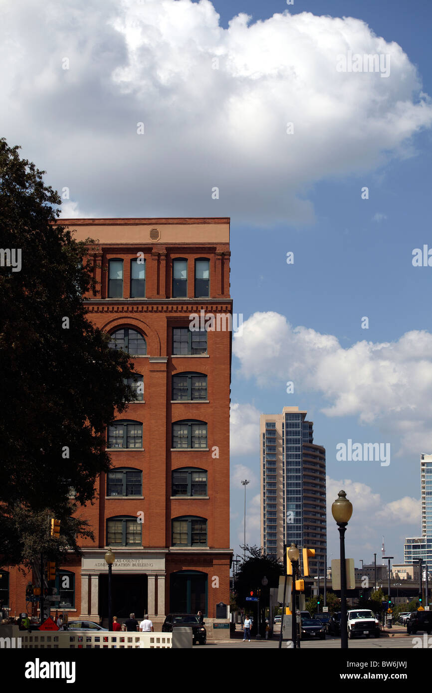 view down Dealy plaza towards the School Book Depository. Far right window second from the top is the infamous window) Stock Photo