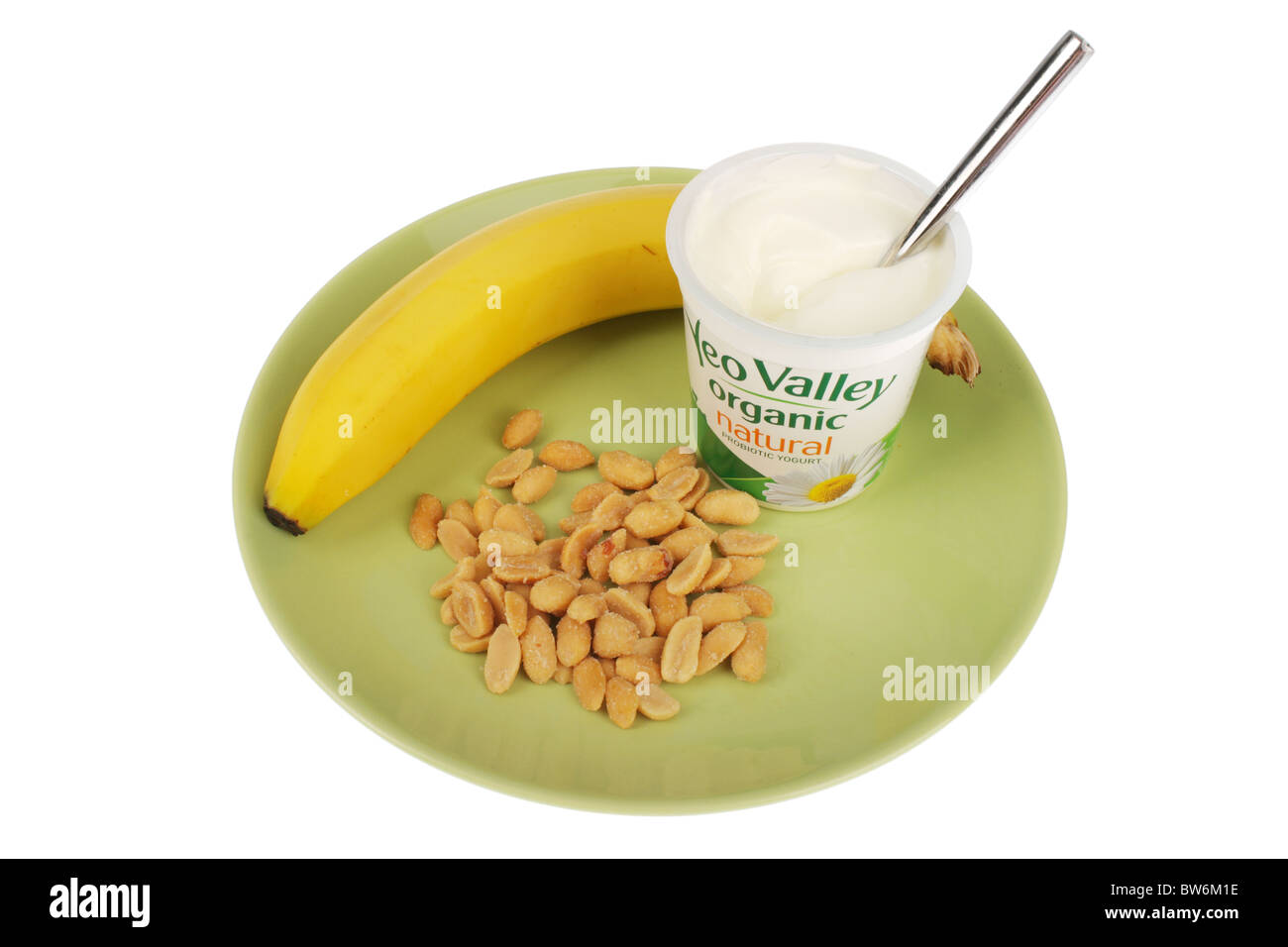 Yogurt with Banana and Salted Peanuts Stock Photo