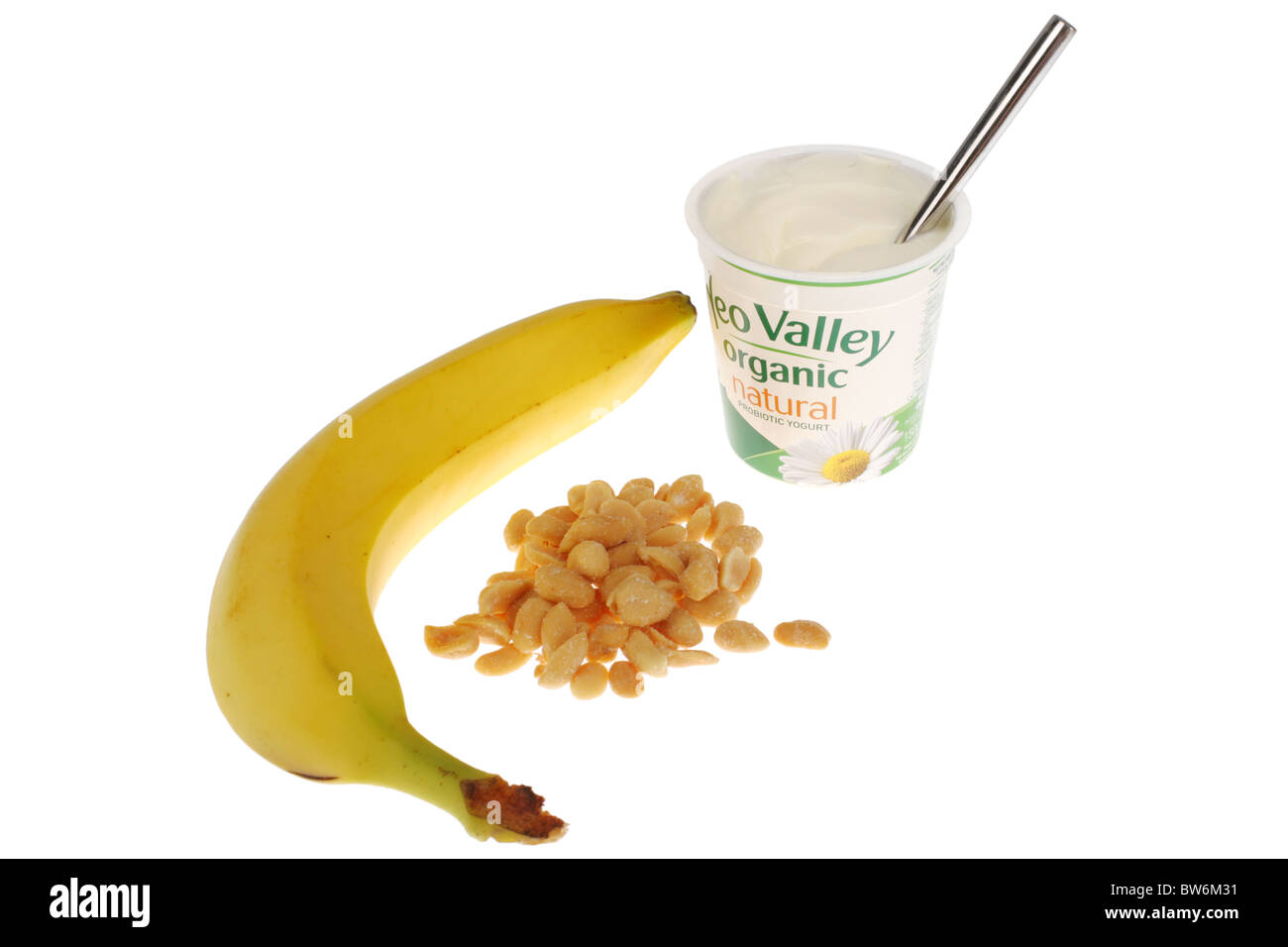 Yogurt with Banana and Salted Peanuts Stock Photo