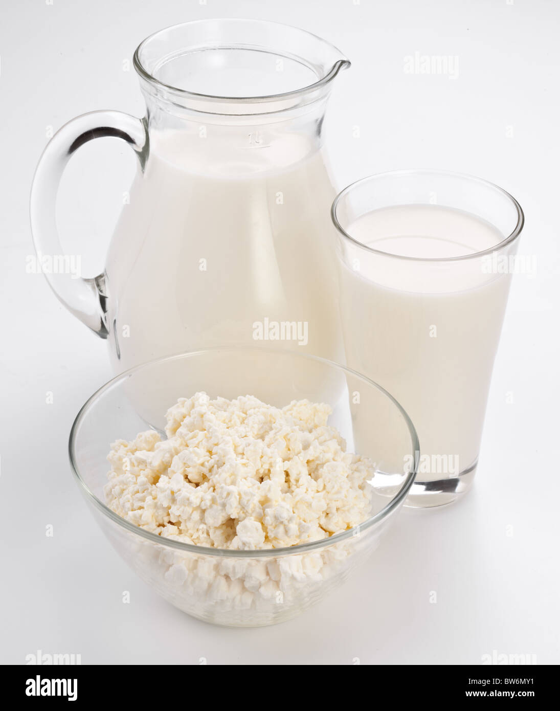 Jar and glass with milk and bowl with cottage cheese. Isolated on a