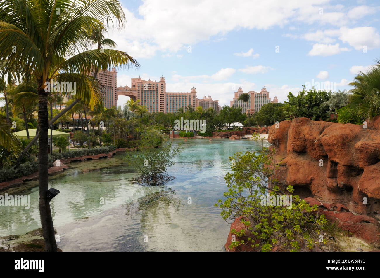 Hotels, lagoons, Atlantis resort, Paradise Island, The Bahamas Stock Photo