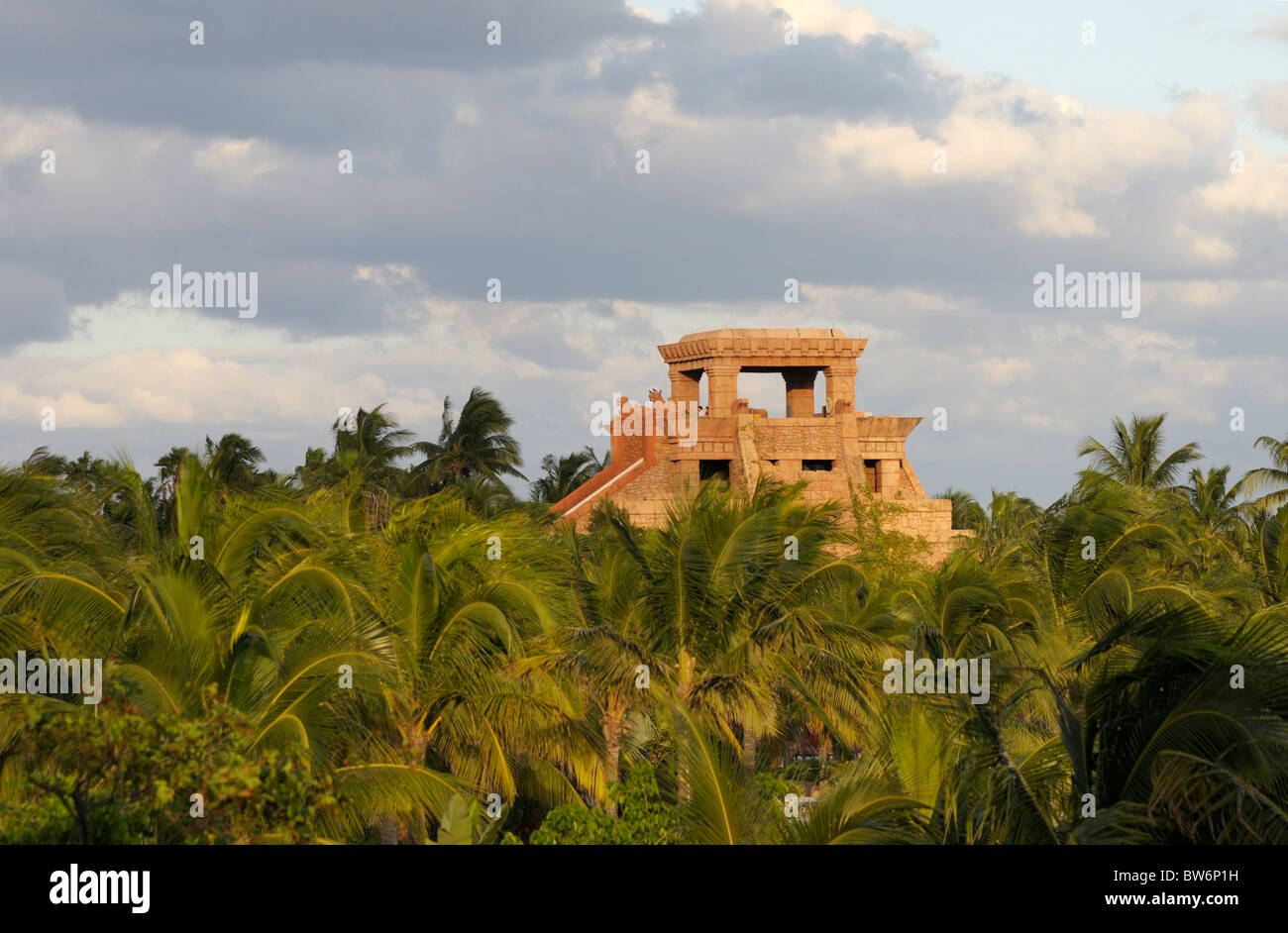 Waterpark temple rises from palms, Atlantis resort, Paradise Island, The Bahamas Stock Photo