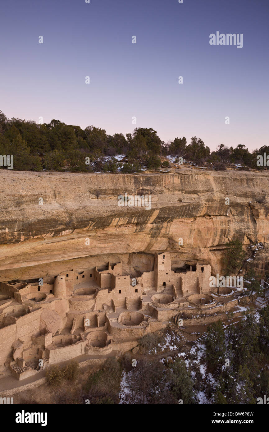 Dusk at the Cliff Palace cave dwelling during winter in Mesa Verde ...