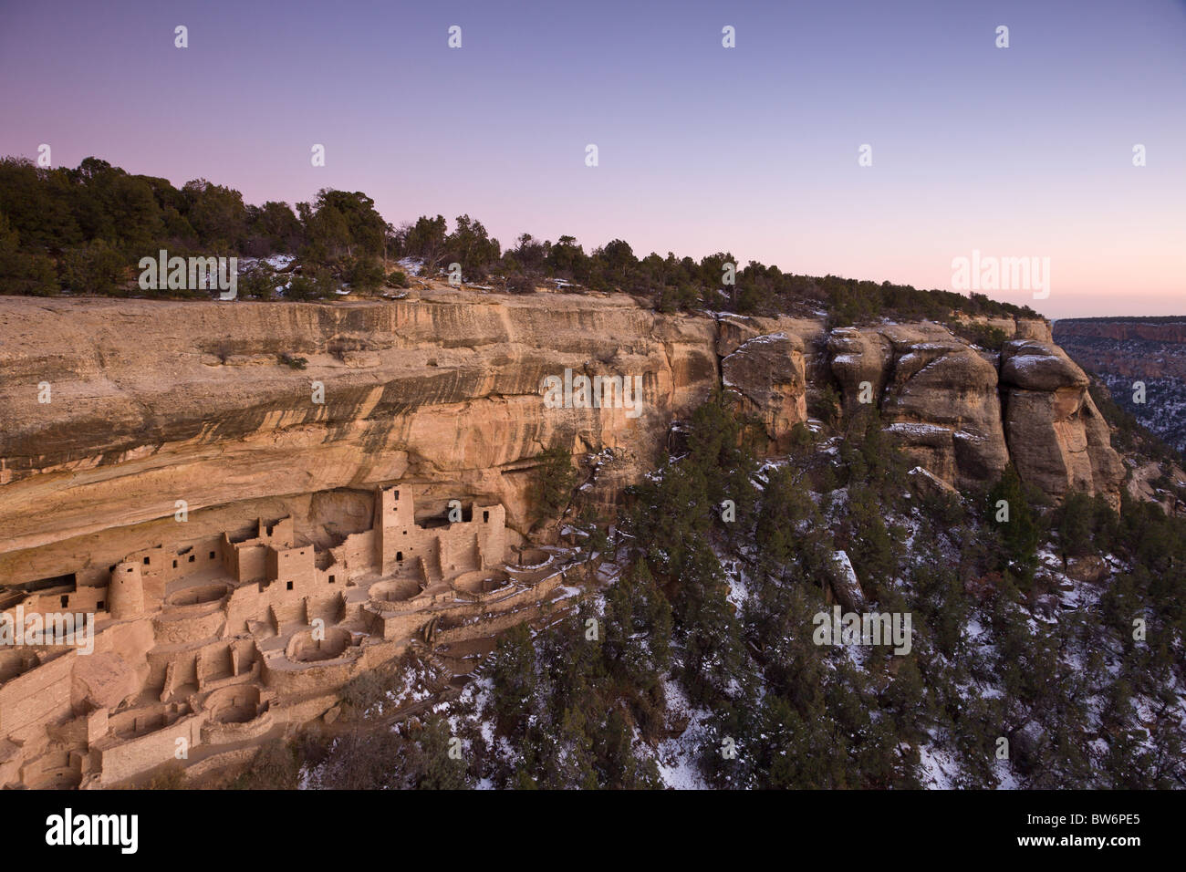 Dusk at the Cliff Palace cave dwelling during winter in Mesa Verde National Park, Colorado, USA. Stock Photo