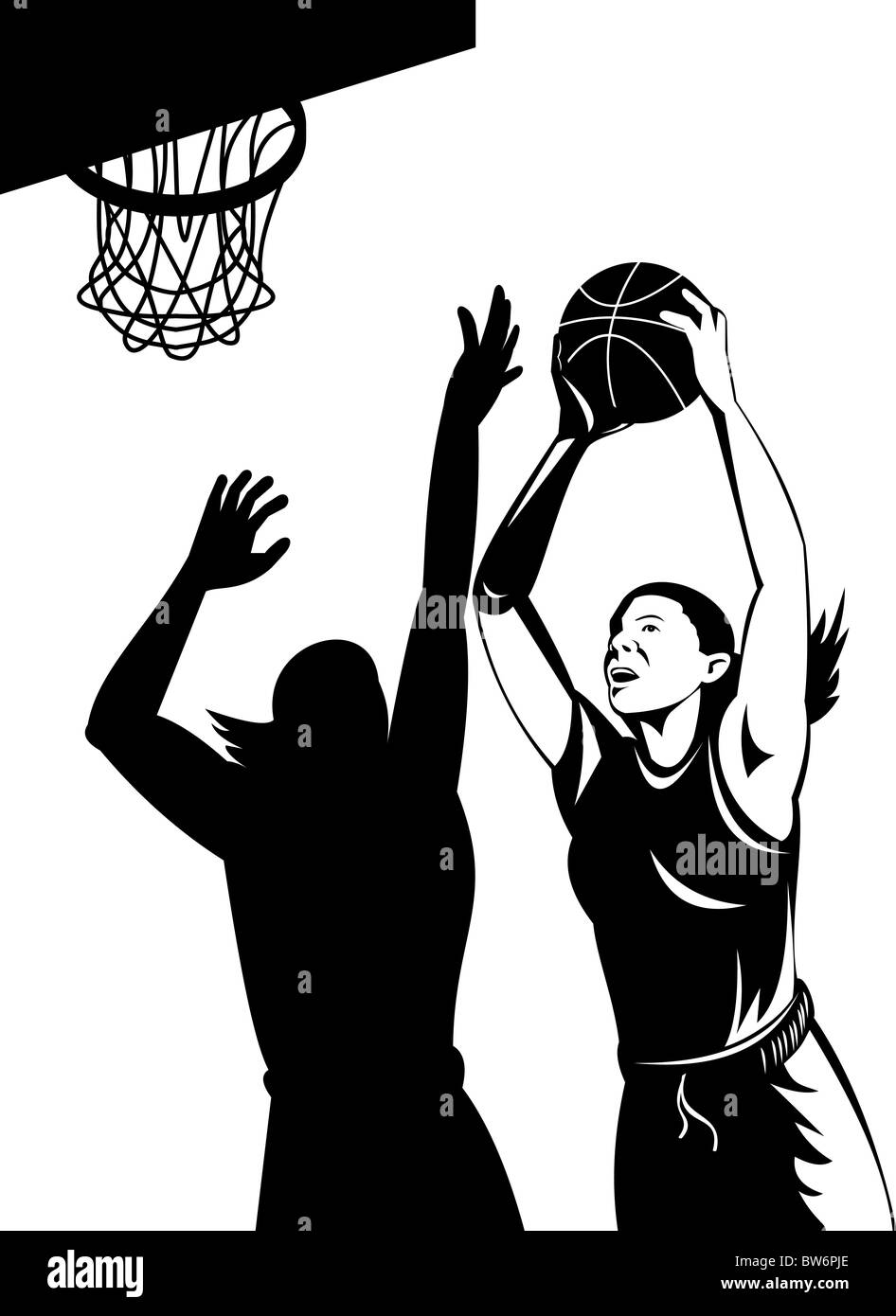Illustration of two female basketball players shooting and blocking