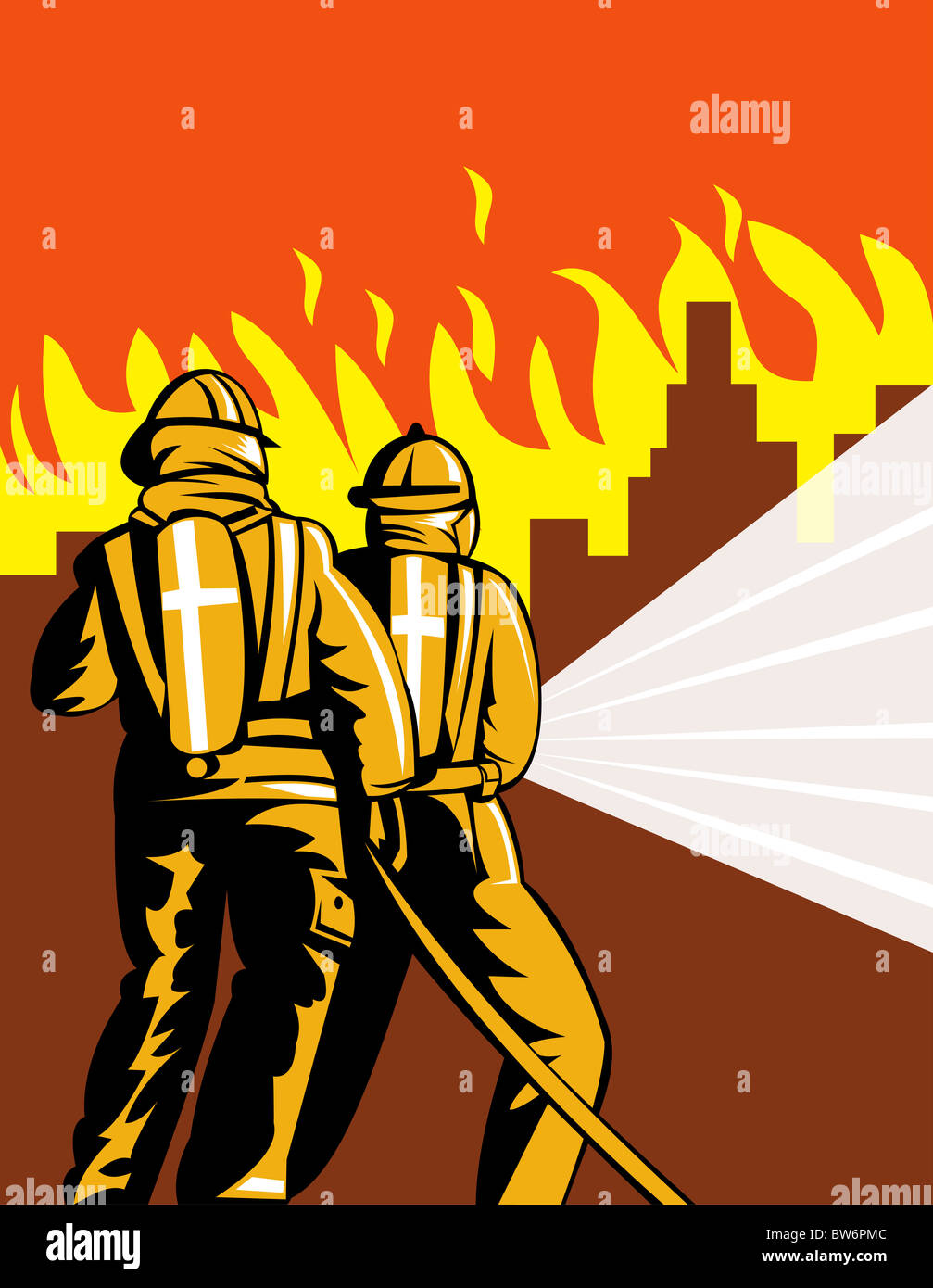 Illustration of firefighters putting out fire in urban city with flames ...
