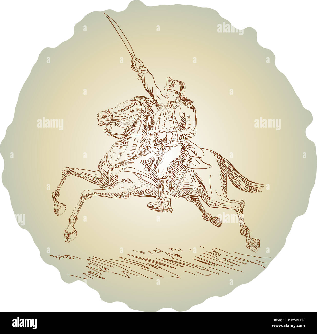 Illustration of George Washington riding horse while holding sword in the air in revolutionary war sketch on white background Stock Photo