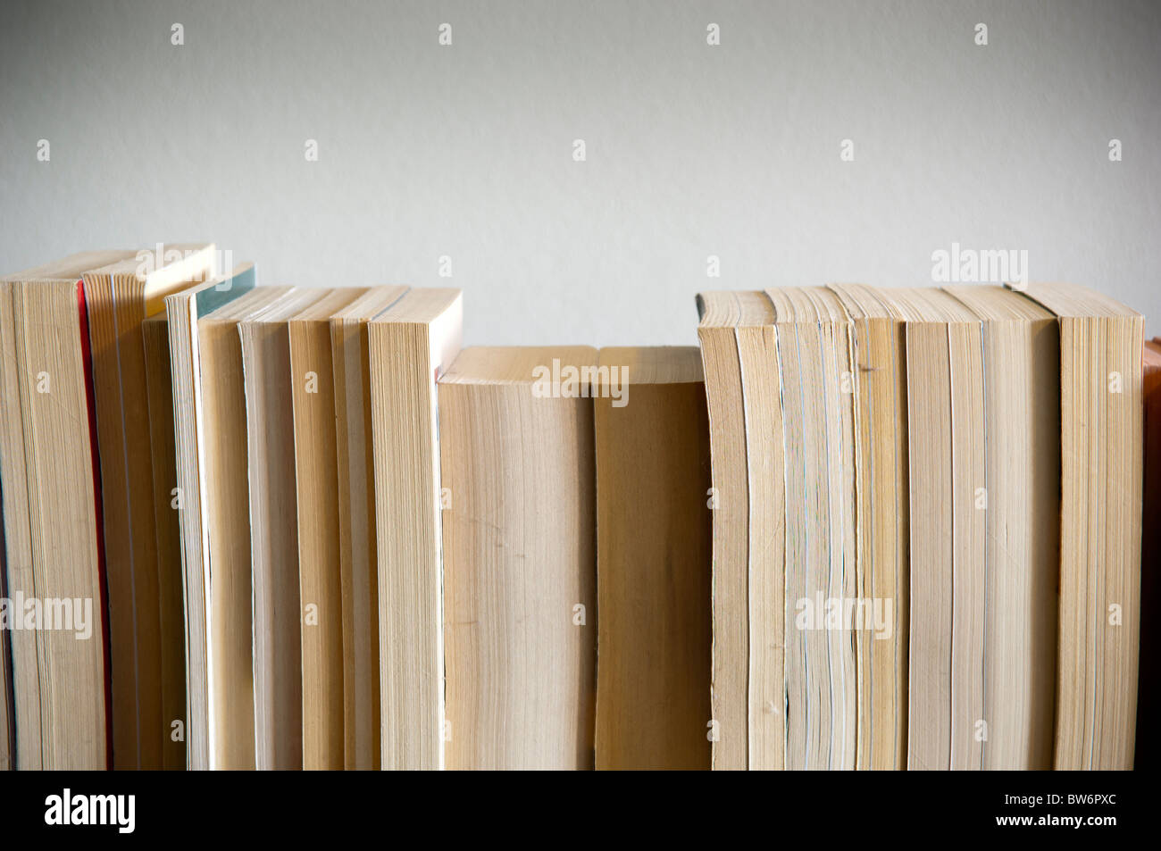 A row of books sits on a timber table with blank space behind Stock Photo