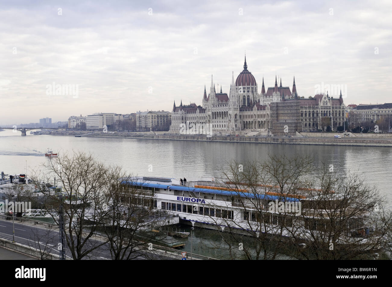 Budapest parliament buildings viewed across the river Danube late in the afternoon in winter Stock Photo