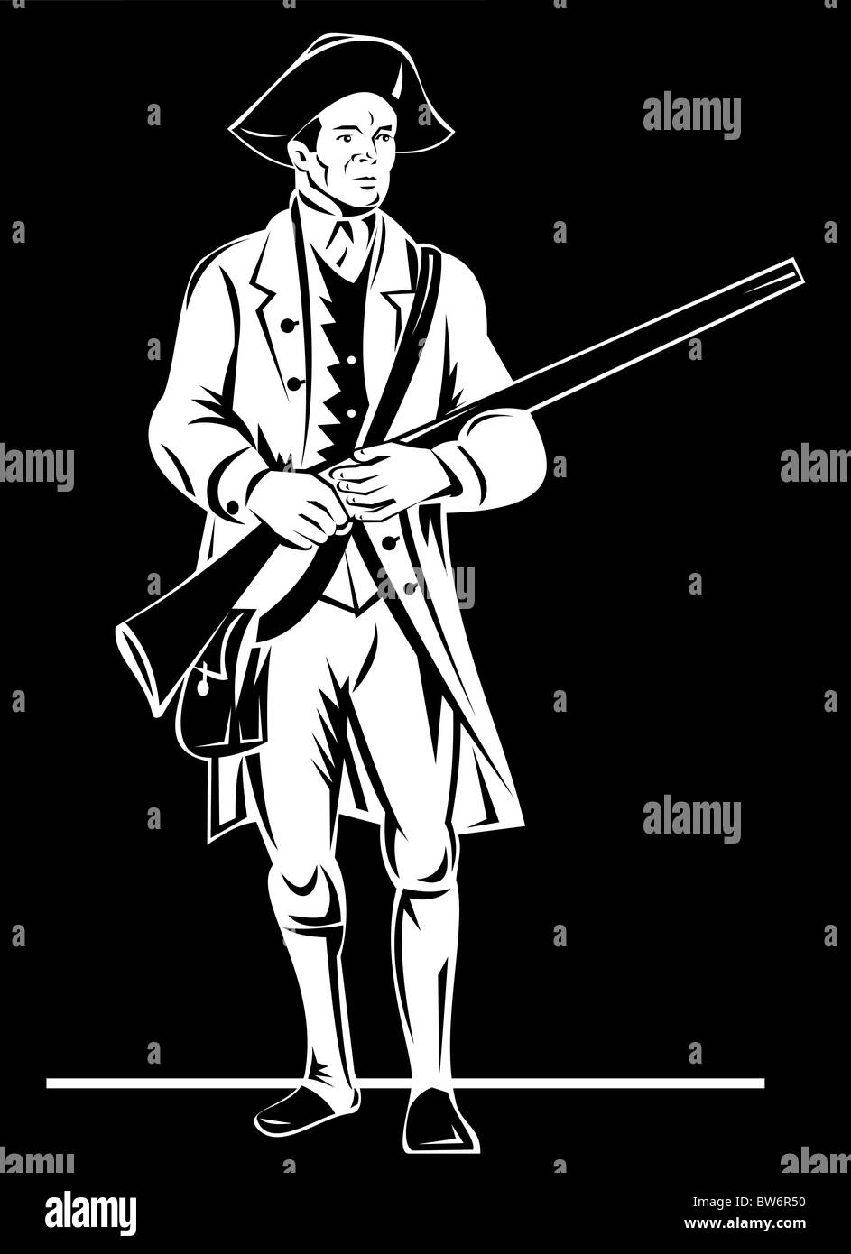 Illustration of revolutionary soldier standing with rifle isolated on