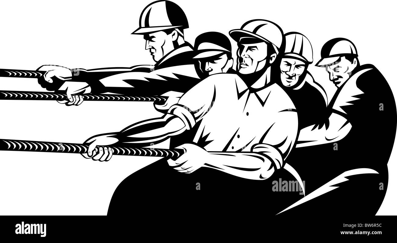 Illustration of team of workers pulling rope isolated on white background black and white woodcut and retro style Stock Photo