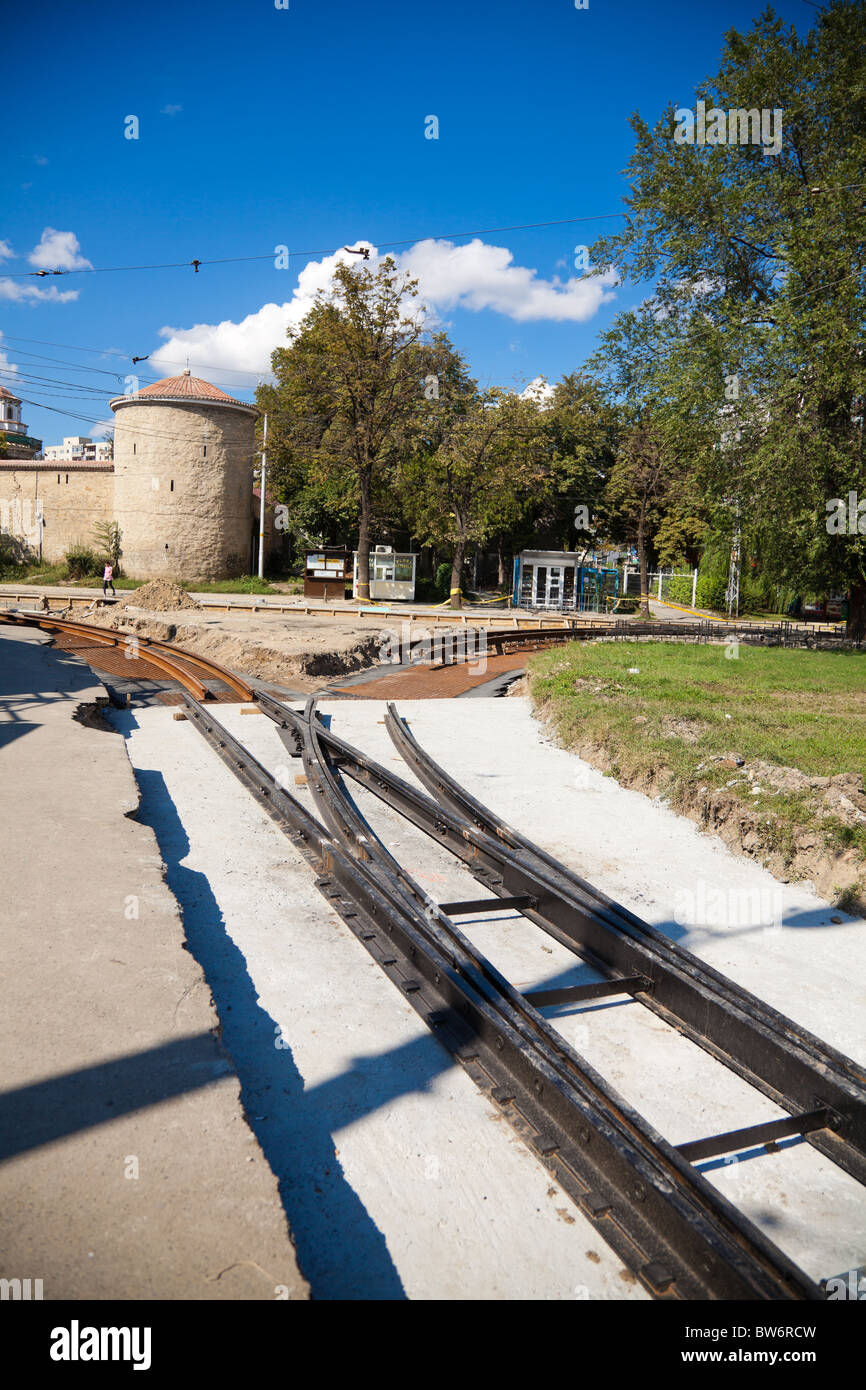 Renewing the old tramway tracks in Tg. Cucu Square in Iasi, Romania. Stock Photo