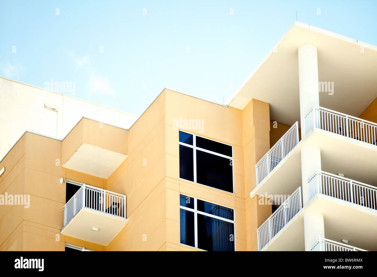 Angular shapes made by building balconies and roof line. Stock Photo
