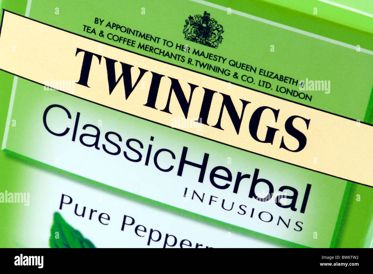 Macro photo of a box of Twinings herbal tea. Twinings, owned by Associated British Foods, dates back to 1706 and sells a variety of teas as well as infusions and coffee. AB Foods has come under fire for plans to close its British plant in Tyneside and open a new packing factory in Poland. Editorial use only. Stock Photo