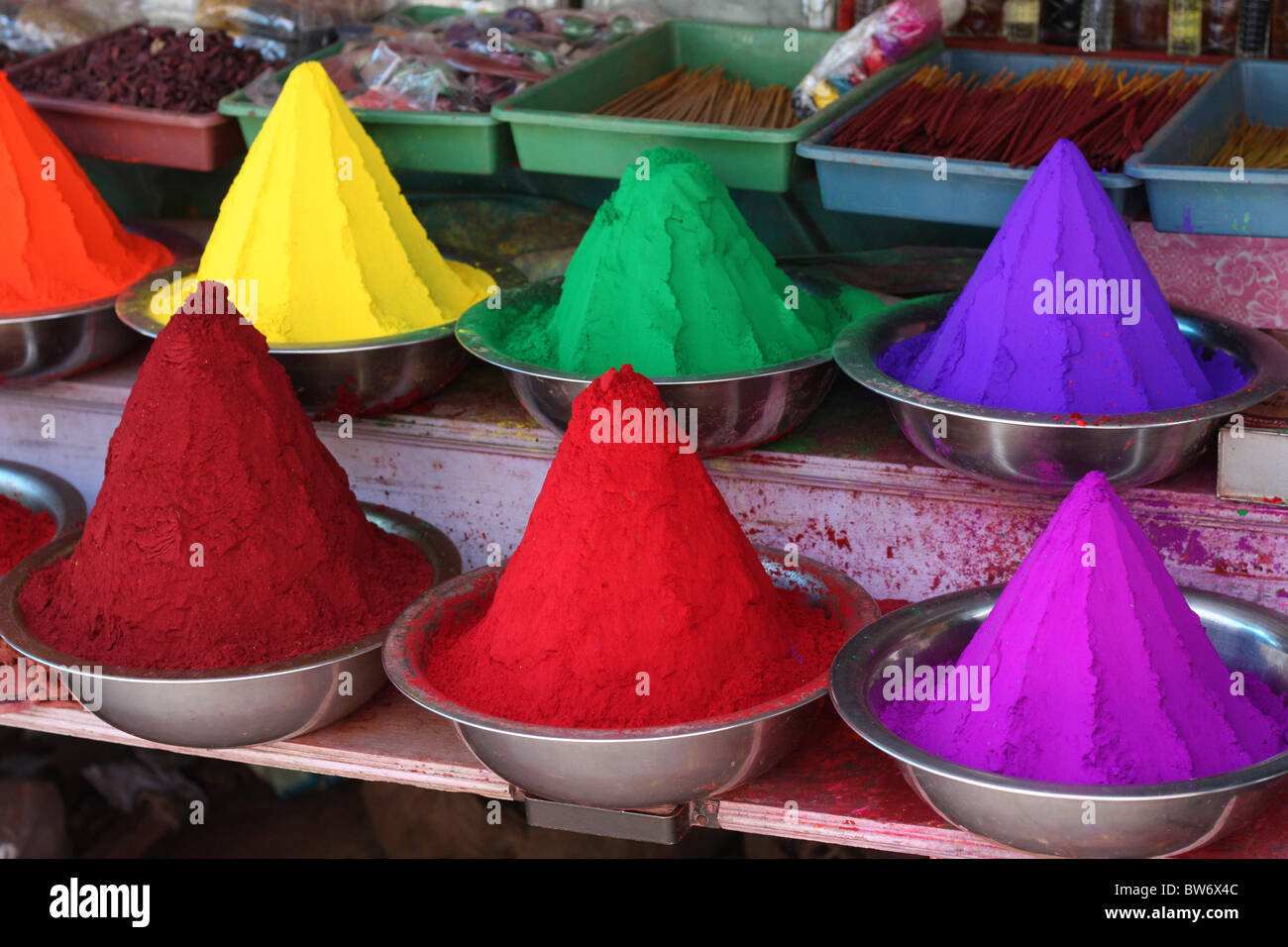 Vibrant paint colors on a paint market in Mysore, South India Stock