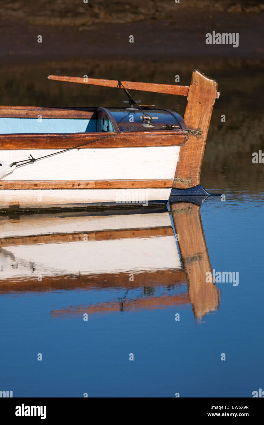 boat reflection in water, morston quay, north norfolk, england Stock Photo