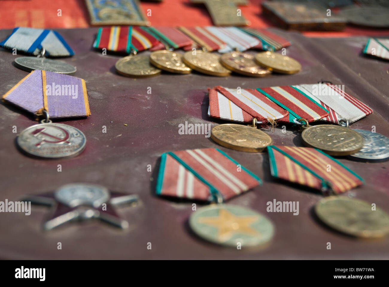Set of military medals on a street market, Uzbekistan Stock Photo