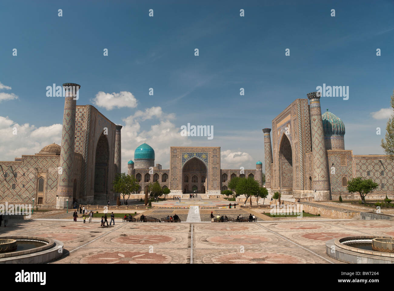 Panoramic view of the Registan, Samarcand, Uzbekistan, Asia Stock Photo
