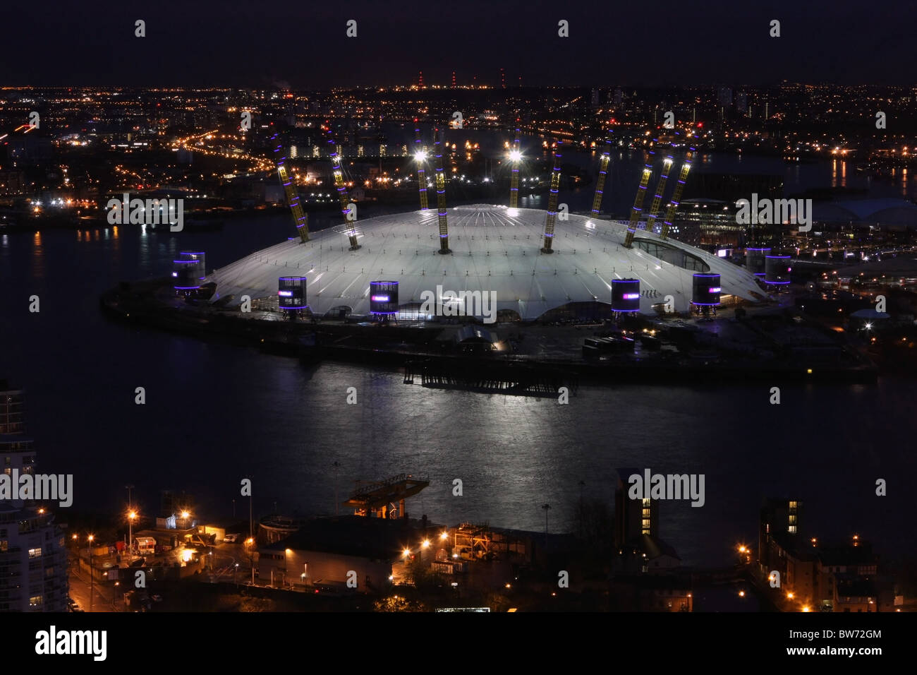 a view of the O2 Arena in London Docklands taken from the 27th floor of Barclays Bank in Canary Wharf Stock Photo