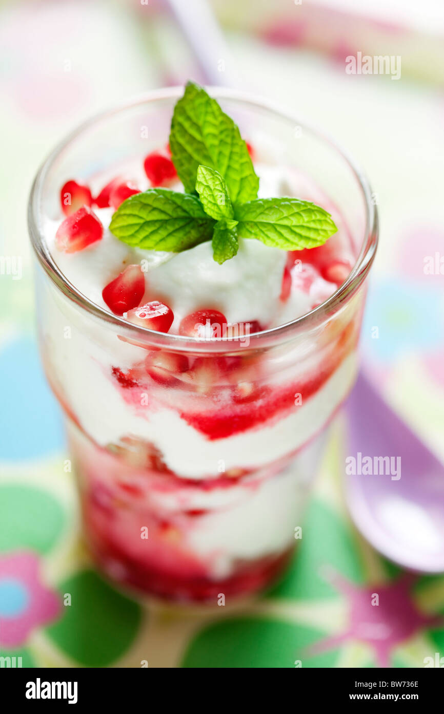 fresh greek toghurt with pomegranate juice and seeds, can also look like ice cream Stock Photo
