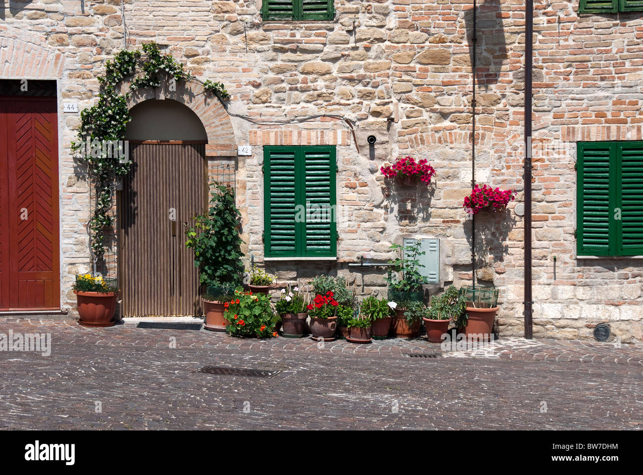 Piazza in the town of Staffolo in the Jesi Hills, Cupramontana area of wine making, le Marche. Stock Photo