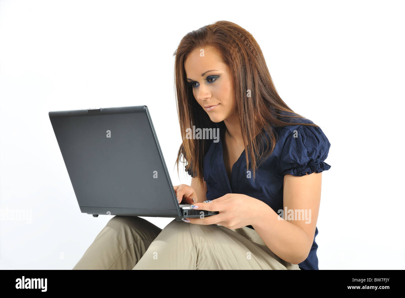 girl with laptop on white background Stock Photo - Alamy