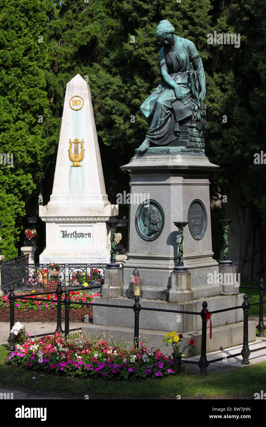Mozart Memorial (made in 1859) and grave of Ludwig von Beethoven (made in 1827) in Zentralfriedhof, Vienna Stock Photo